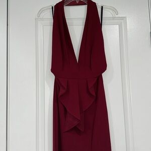 Burgundy halter ruffle dress w/split